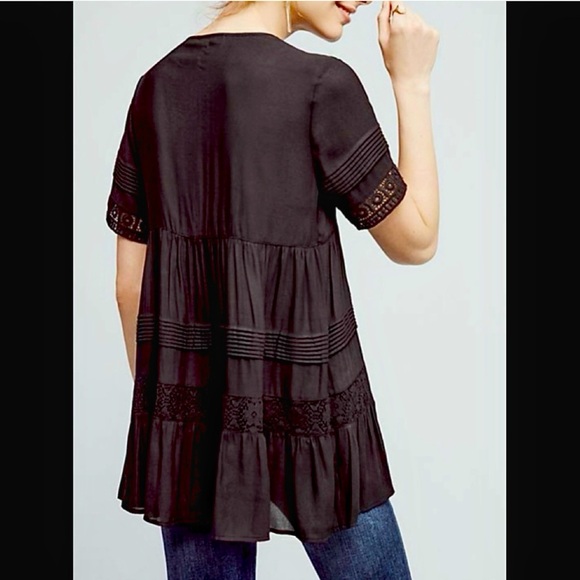 Maeve Anthropologie Black Boho Babydoll Short Sleeve Blouse Size Large Top - Picture 2 of 12